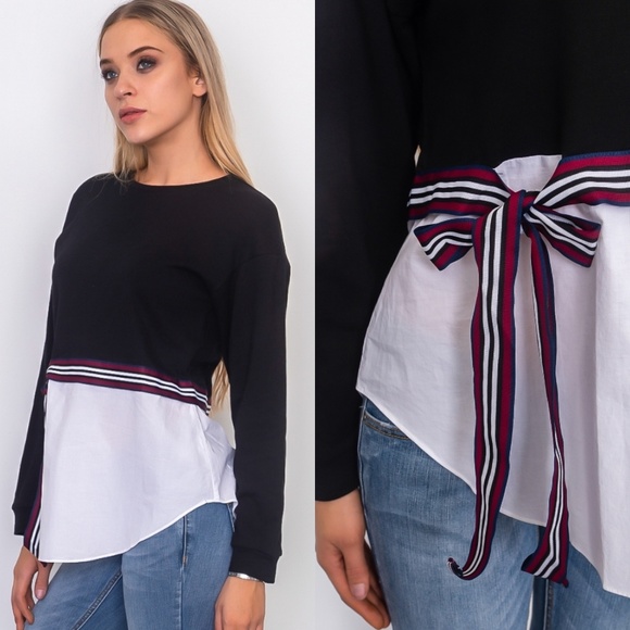 🖤Color Block Ribbon Tie Waist Tunic Top - Picture 2 of 3